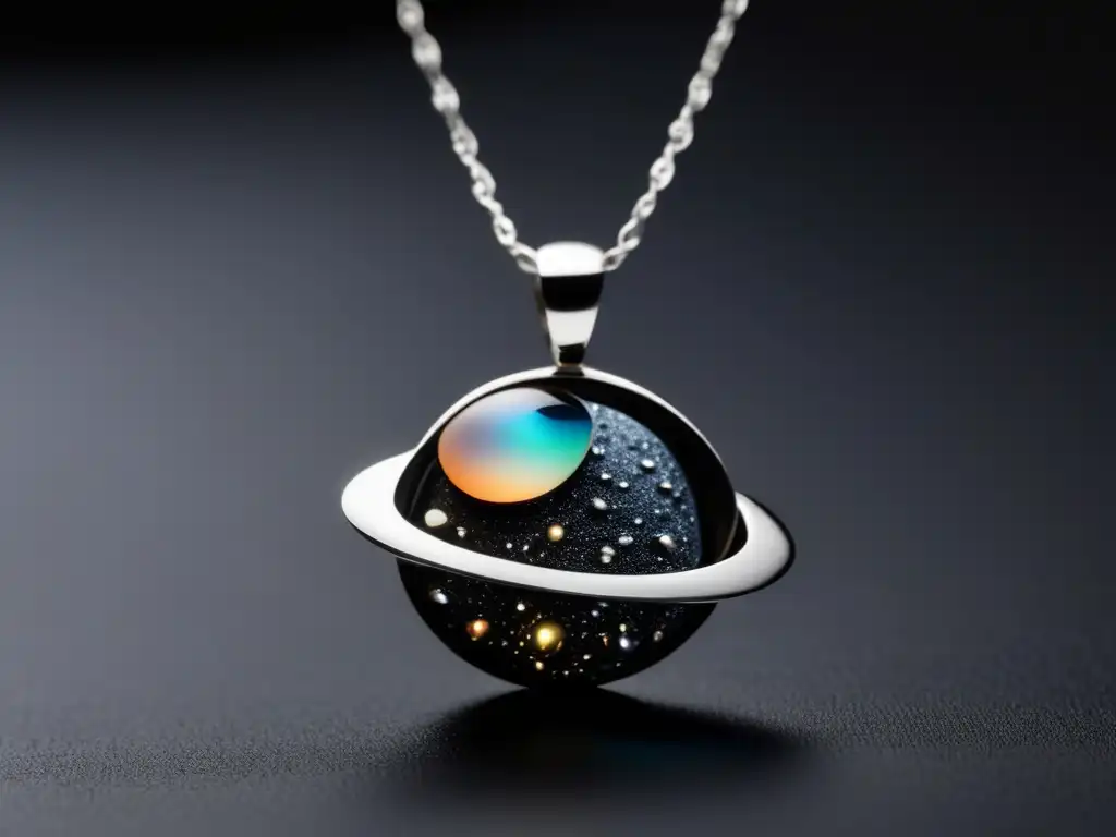 Evolución diseño joyas espaciales: collar minimalista plata celestial, representando un planeta con cráteres y colores galácticos