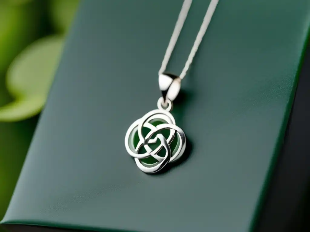 Talismanes celtas joyería historia: Collar minimalista de plata y jade con símbolo celta de eternidad y naturaleza