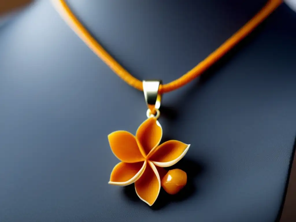 Historia joyería cáscaras frutas: Collar delicado de cáscara de naranja esculpida en diseño floral, resaltando la belleza orgánica