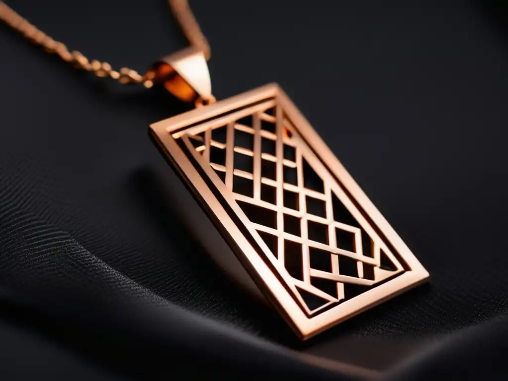 Collar de cobre elegante y moderno Historia del cobre en joyería: Collar de cobre moderno y elegante sobre terciopelo negro, con pendants geométricos y acabado pulido