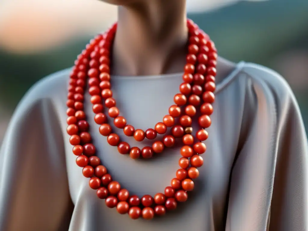 Historia y evolución de la joyería de coral: Collar de coral rojo, detallado y simétrico, refleja elegancia natural y estética contemporánea