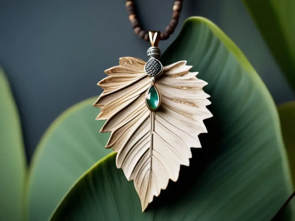 Joyería con corteza de árbol: imagen 8k de collar con colgante en forma de hoja, detalle y belleza de joyas hechas de corteza de árbol