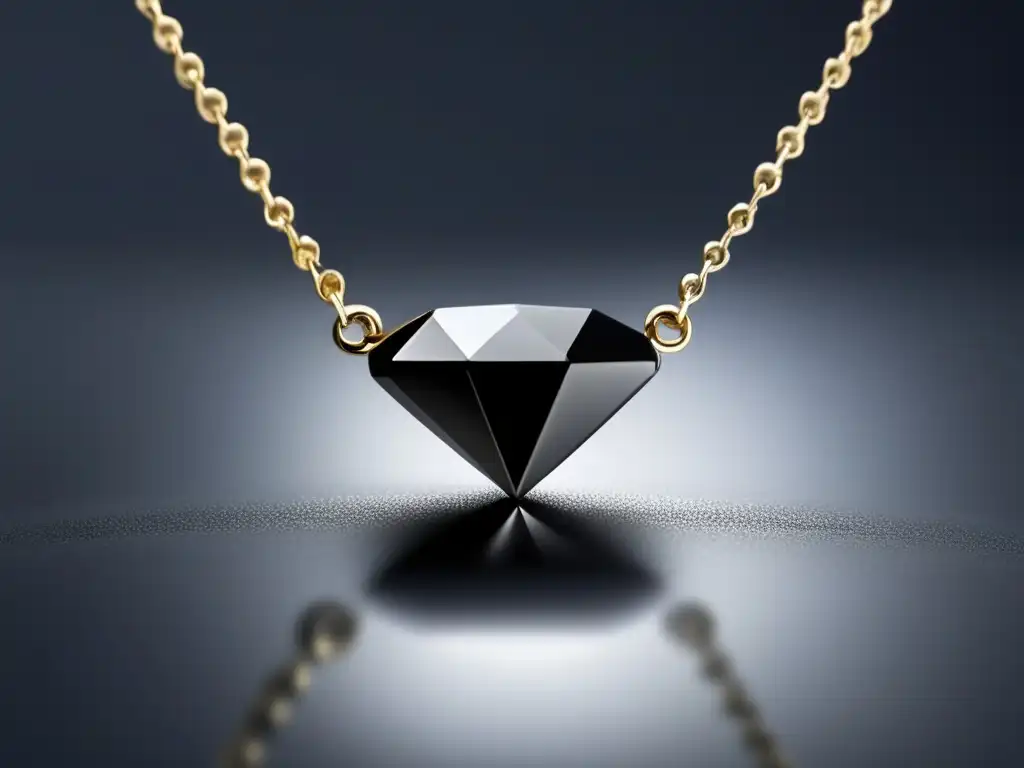 Historia de los diamantes negros: collar minimalista con diamante negro en superficie reflectante