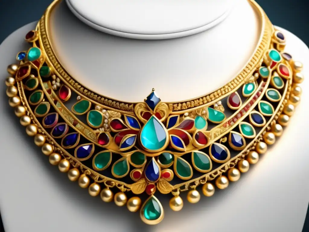 Técnicas de restauración de joyas antiguas: Detalle de una collar de oro con filigrana y gemas preciosas
