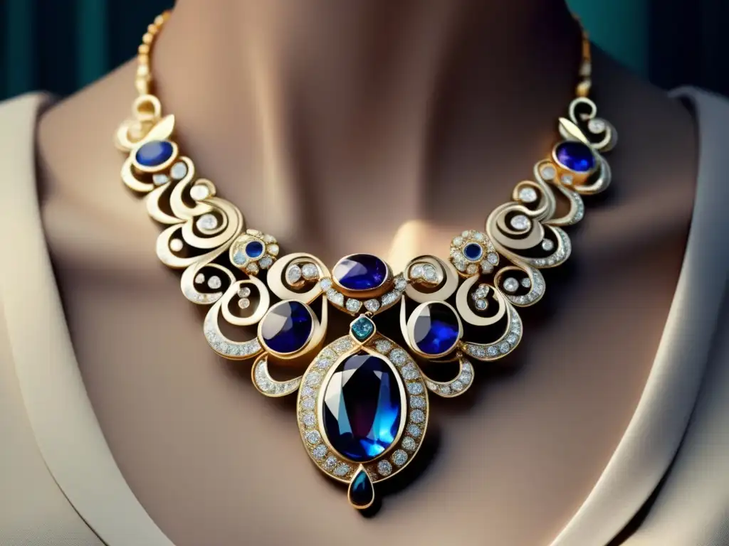 Evolución joyería contemporánea: Collar minimalista inspirado en diseños de la Reina Isabel I, con gemas y patrón geométrico