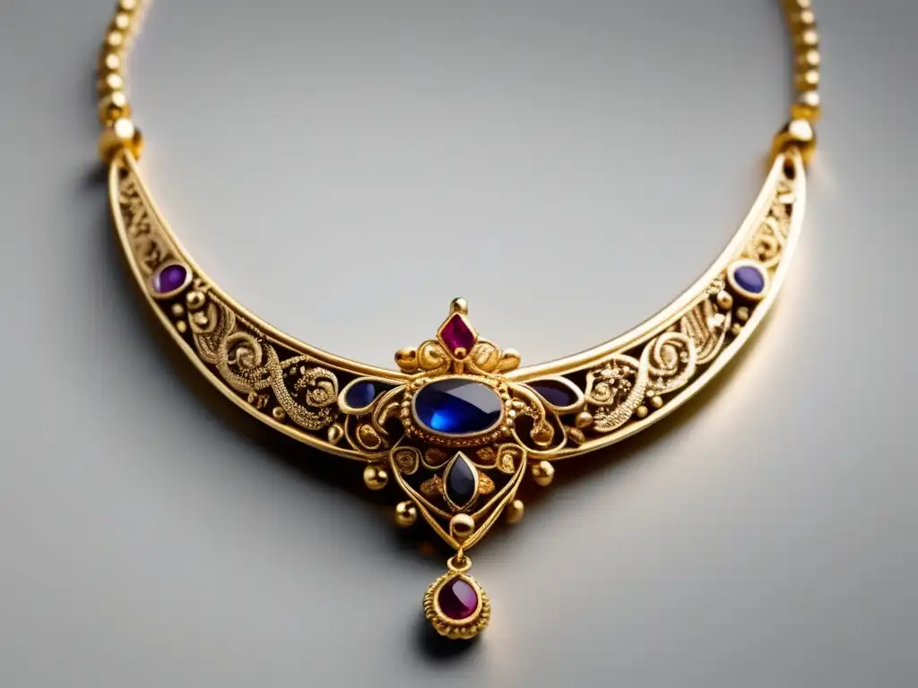 Joyería antigua: Collar de oro delicado con filigranas y piedra preciosa, reflejo de la alta costura a lo largo de la historia