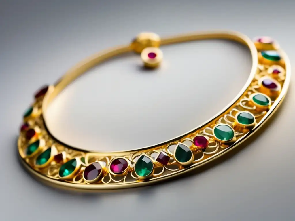 Collar antiguo de oro con gemas Joyería antigua metales preciosos: Collar de oro antiguo con gemas preciosas, diseño minimalista y moderno, fondo blanco
