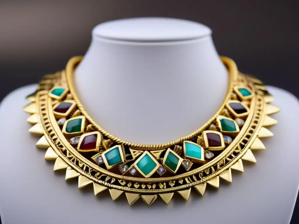 Collar de oro azteca y maya con detalles intrincados y gemas vibrantes, reflejando la evolución y sofisticación de la joyería