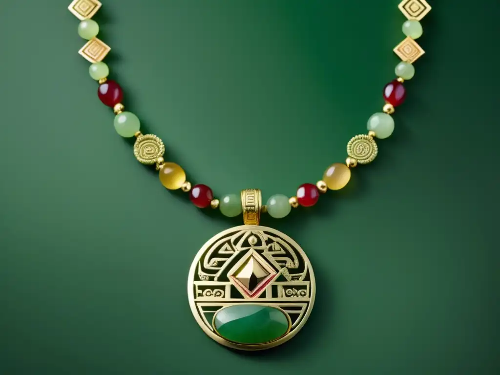 Joyería azteca y maya: Collar dorado con patrones y símbolos geométricos, jade verde y gemas de colores