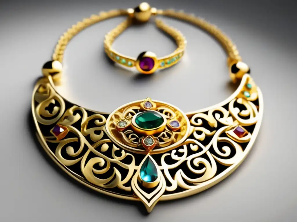 Evolución joyería bizantina: Collar dorado con filigranas y gemas de colores