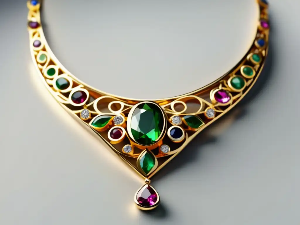 Joyería y poder en la Edad Moderna: Collar de oro con gemas preciosas, filigrana y luz destacando su elegancia