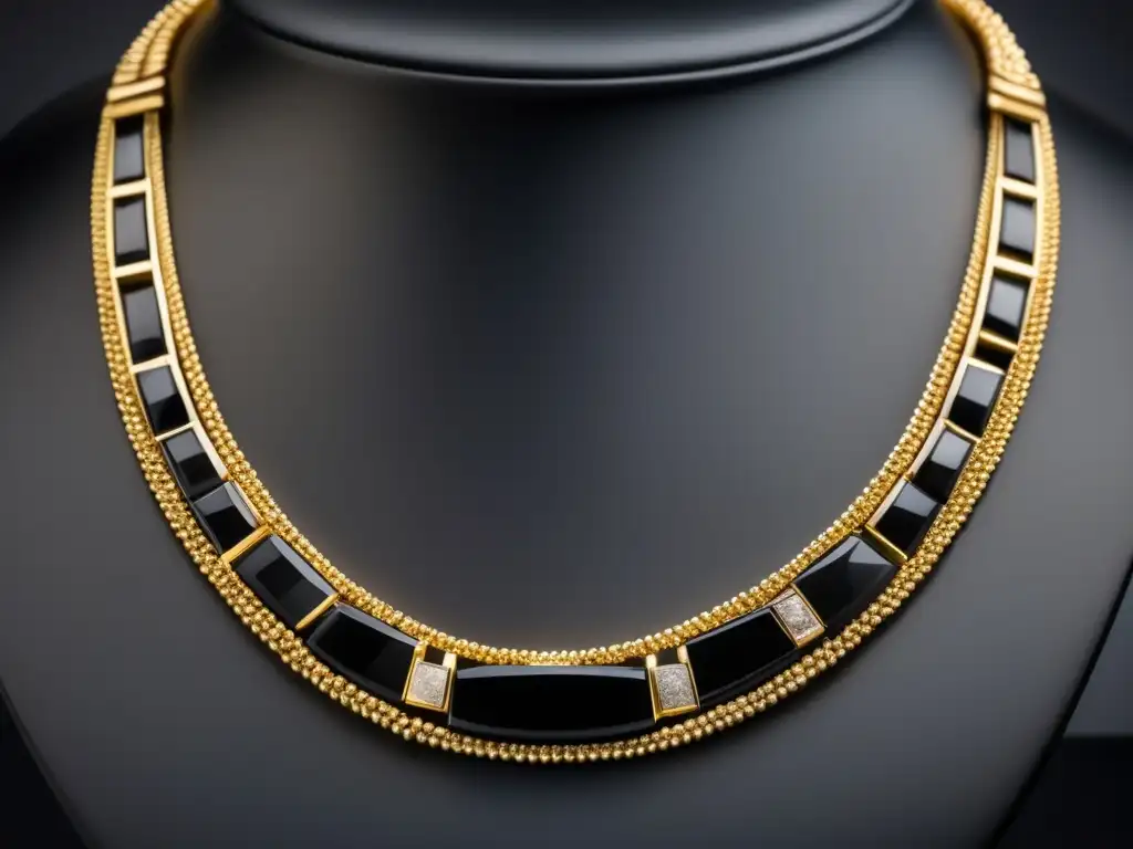 Historia y significado del ónix en joyería: Collar dorado con ónix en diseño elegante y simétrico, reflejo de la artesanía antigua