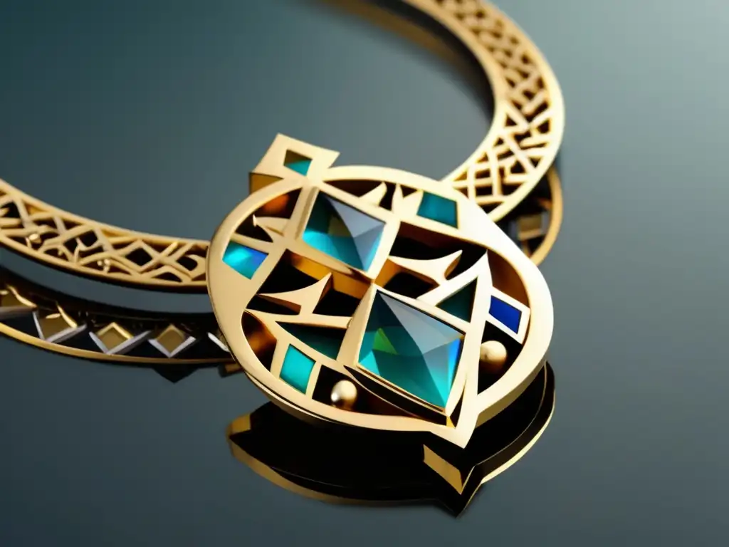 Influencia del Islam en la joyería oriental: Collar de oro minimalista con patrones islámicos y piedra azul vibrante