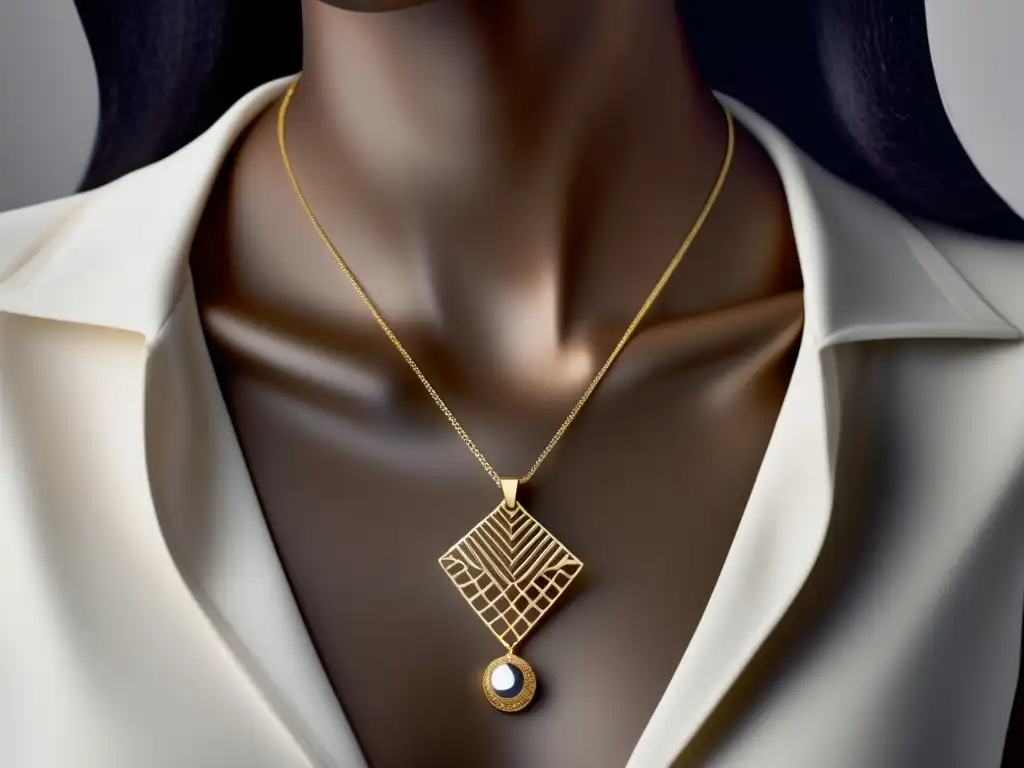 Innovaciones diseño joyas revolucionando mercado - Collar dorado con detalles intrincados, diseño contemporáneo y elegante en fondo blanco