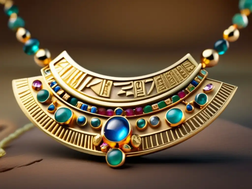 Joyería faraones Egipto: Collar dorado antiguo con jeroglíficos y gemas, reflejando la historia y belleza de la artesanía egipcia