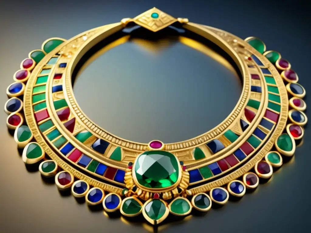 Collar egipcio antiguo de oro y gemas Joyería egipcia: Collar antiguo de oro, esmeralda, zafiro y rubí con intrincado trabajo de filigrana y hieroglíficos