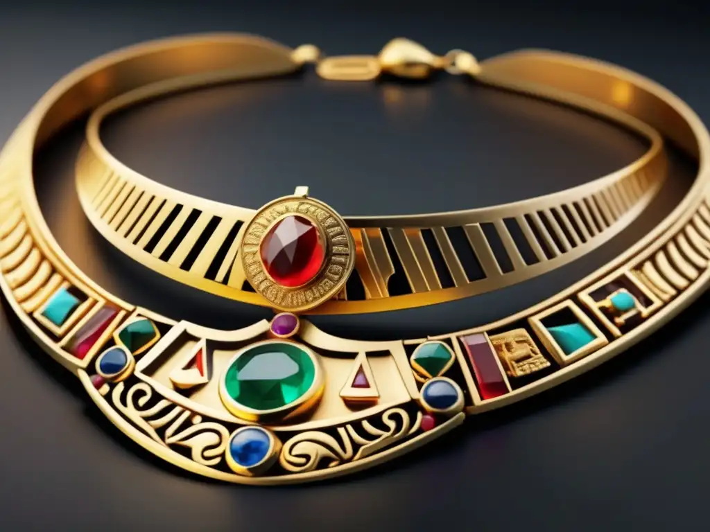 Joyería ancestral de la historia: collar egipcio en oro, con jeroglíficos grabados y gemas vibrantes