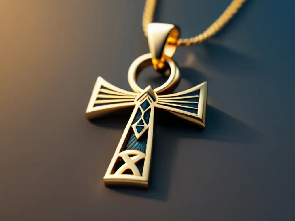 Joyería egipcia: metales preciosos, ankh dorado en cadena azul, elegancia y sofisticación