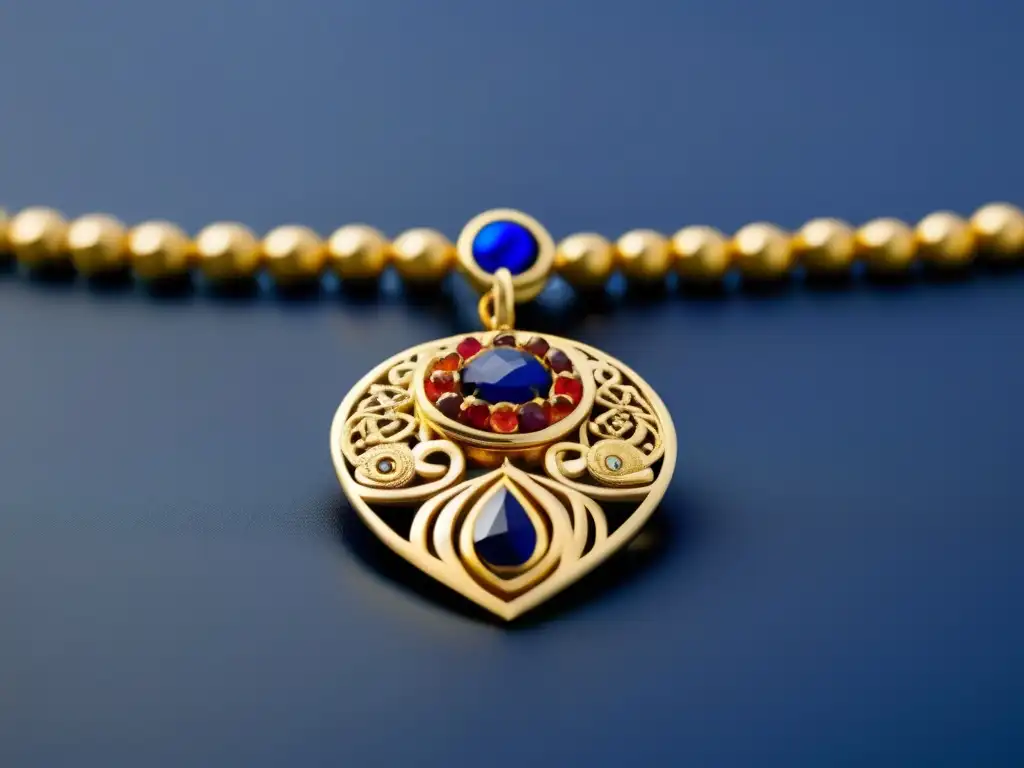 Historia joyería etíope antigua: collar oro con motivos culturales, gemas vibrantes y delicadas cadenas