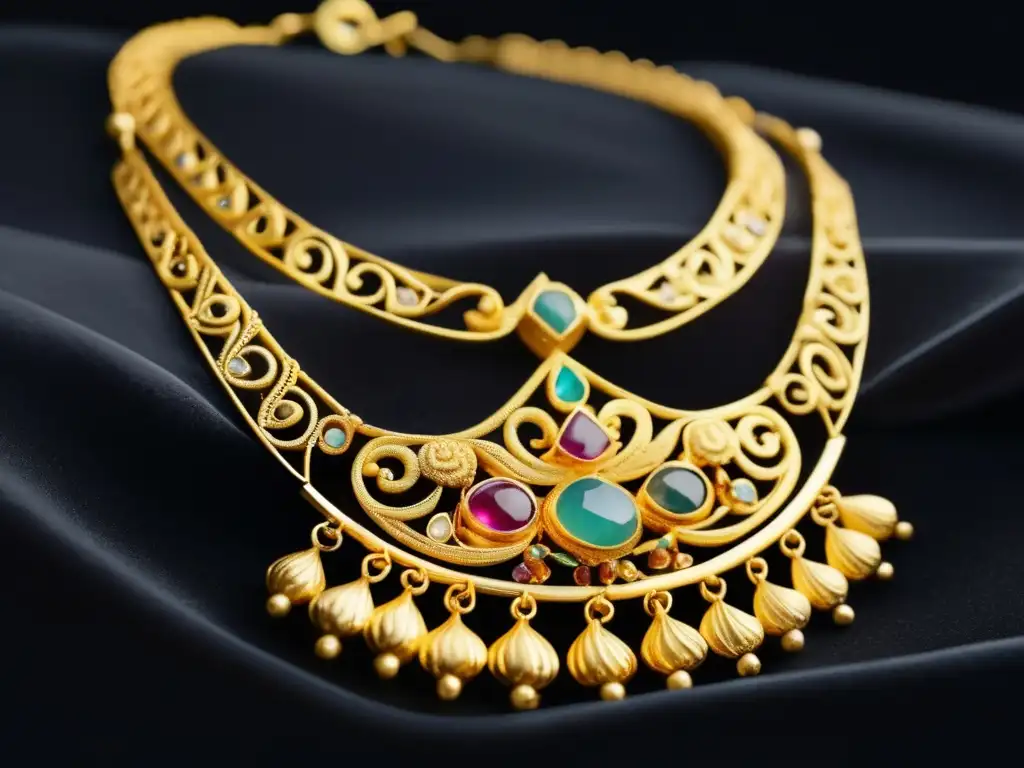 Collar de oro antiguo de Grecia con gemas, filigranas e historia religiosa en joyería ceremonial histórica