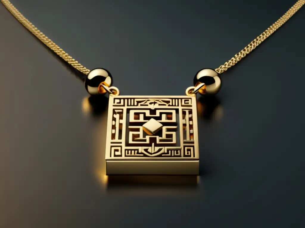 Influencia cultura inca en joyería: Collar dorado minimalista y moderno con patrones geométricos e históricos de la civilización inca