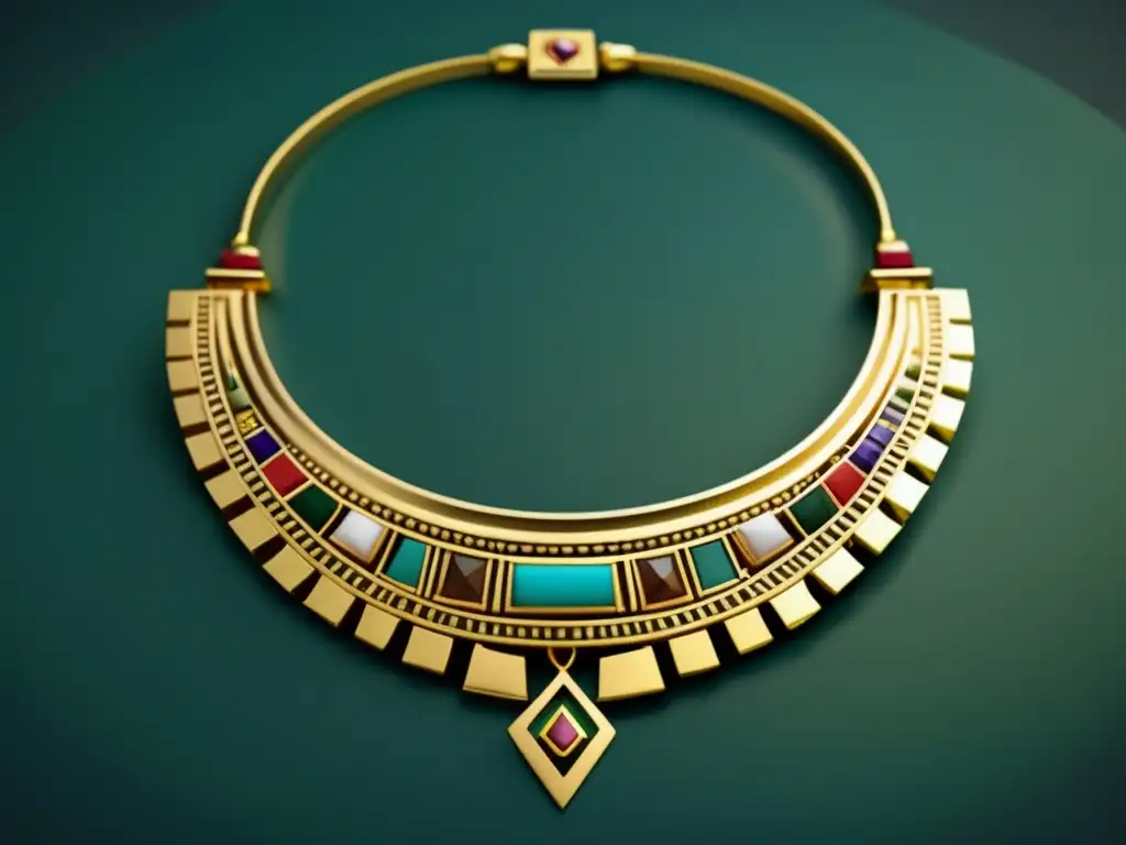Influencia cultura inca en joyería: Collar dorado con diseño geométrico y gemas vibrantes
