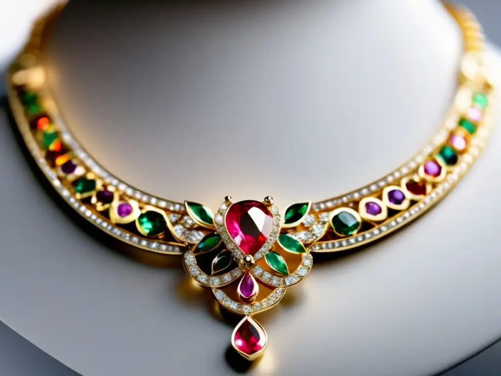 Collar de oro exquisito con gemas brillantes Collar de oro exquisito con detalles y gemas brillantes en fondo blanco - Significado y tendencias del oro en la joyería de pasarela