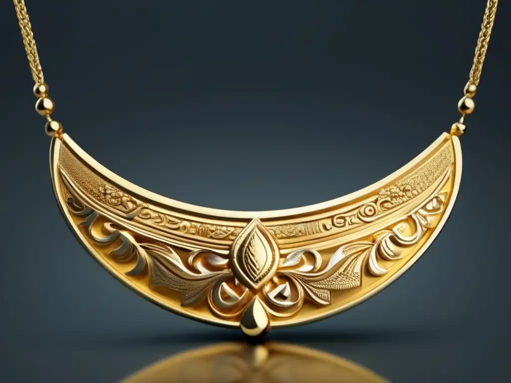 Historia joyería Mesopotamia: Collar de oro con detalles y símbolos intrincados, reflejando la belleza y simbolismo de la cultura