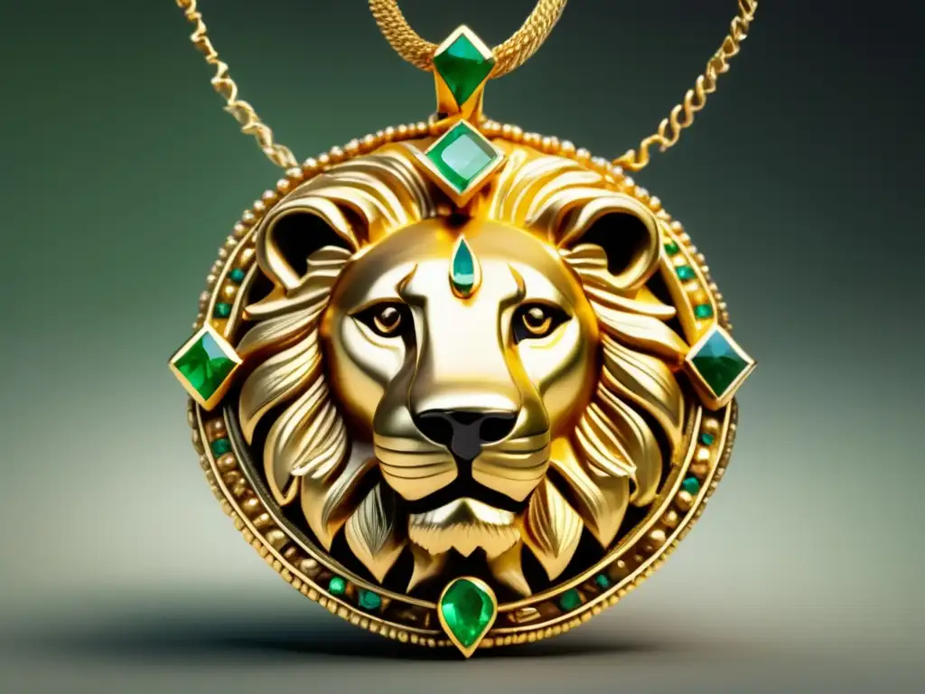 Metales preciosos joyería antigua Mesopotamia: Collar dorado de león con detalles delicados y emerales brillantes