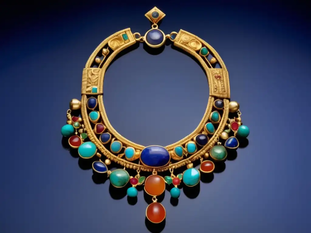 Collar de oro Mesopotamia: joyería antigua con detalles intrincados y piedras preciosas, reflejo de la historia de la joyería en Medio Oriente