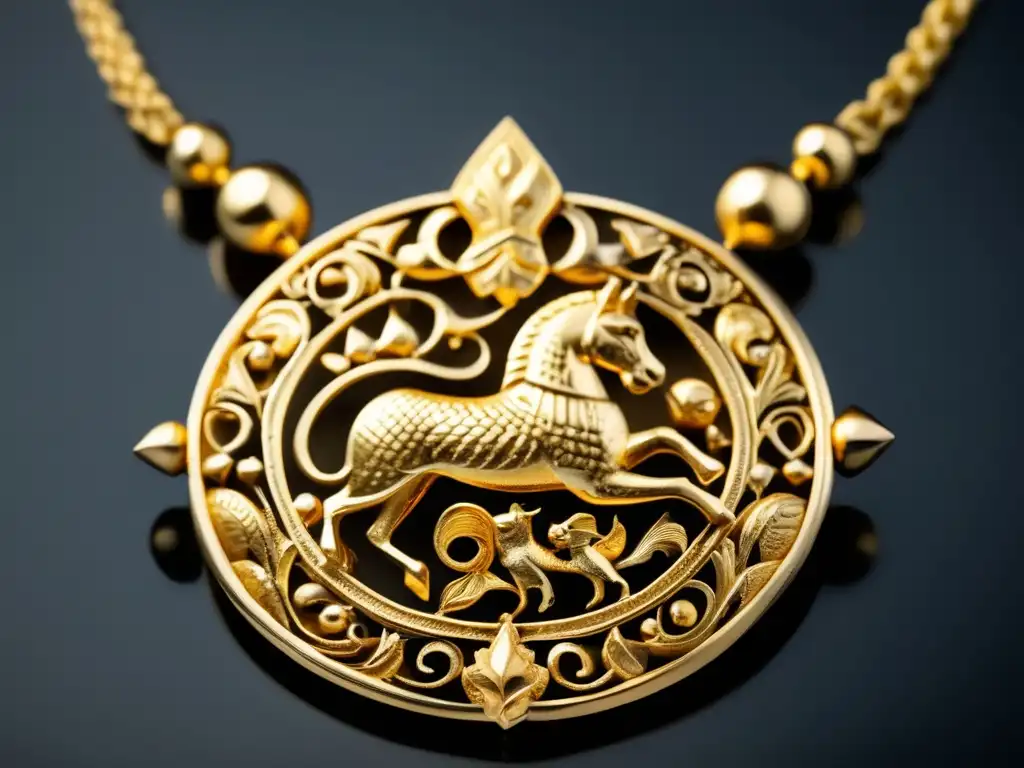 Detallada imagen 8k de collar oro antiguo Mesopotamia, con criaturas míticas, símbolos de poder y texto mesopotámico