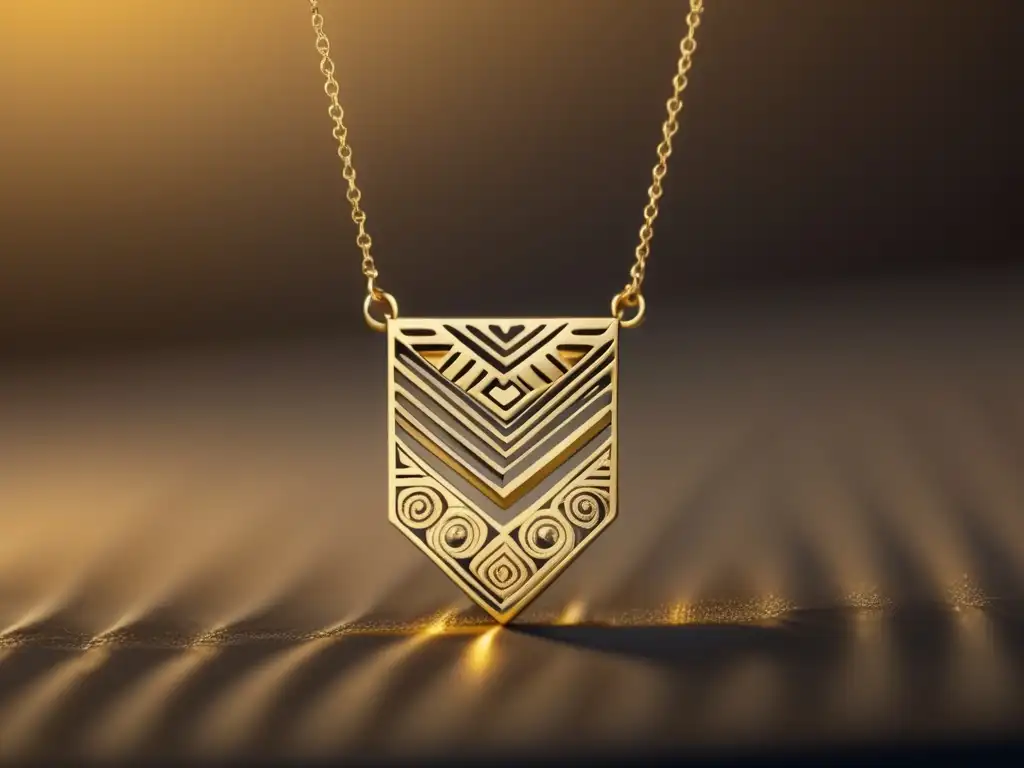 Influencia cultura inca en joyería: Collar de oro con patrones geométricos elegantes y sutiles sombras