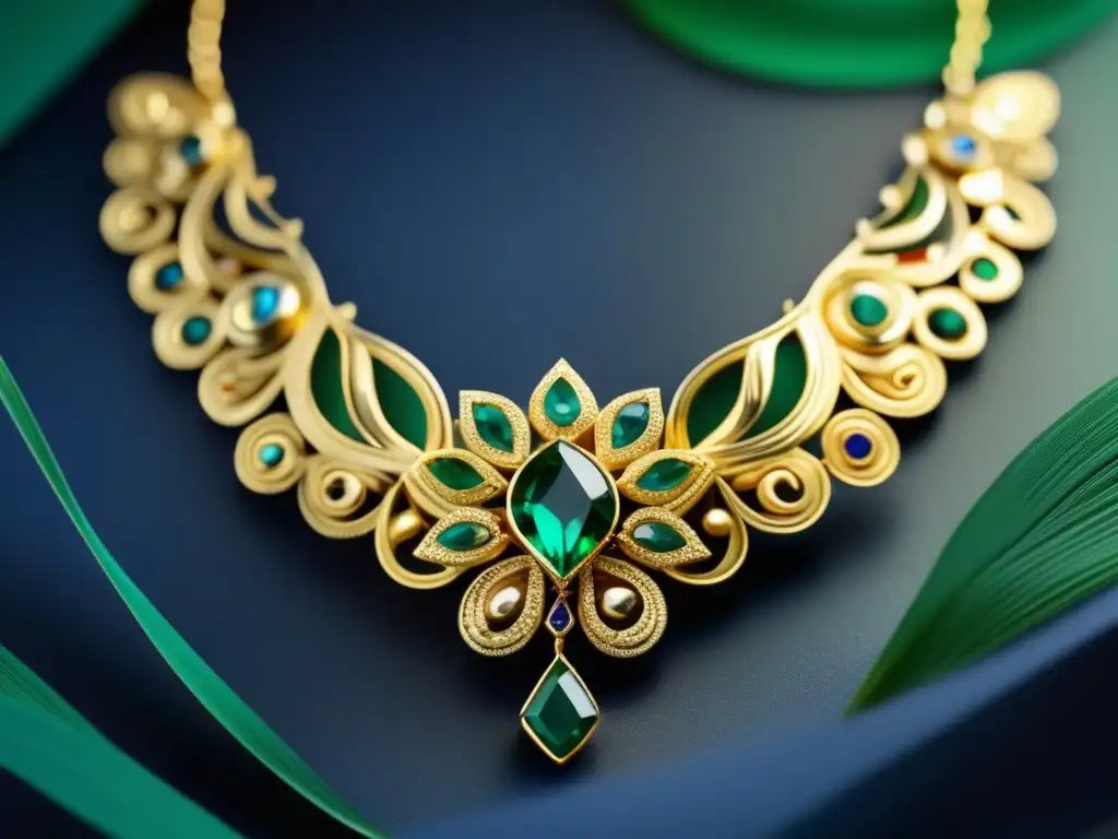 Joyería indígena en Panamá: Collar de oro con filigrana y gemas en tonos verde esmeralda y azul intenso