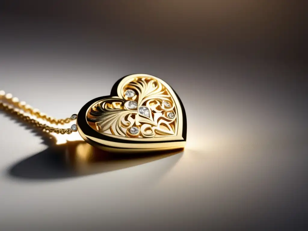 Joyería personalizada: Impresionante detalle en 8k de collar de oro con colgante de corazón y grabados intrincados