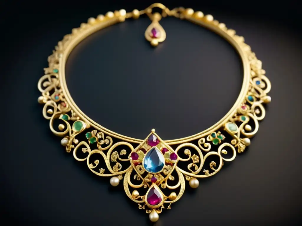 Joyería histórica medieval y renacentista: collar de oro con filigrana, gemas y detalles intrincados