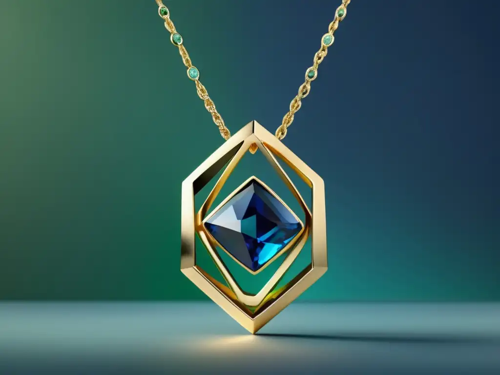 Joyería como símbolo de poder: Collar de oro con gemas azules y verdes en forma geométrica, elegante y minimalista