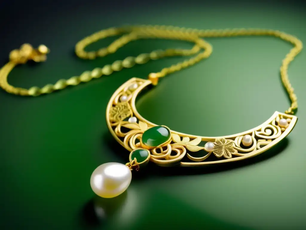 Evolución joyería Qing: Collar dorado con jade y perlas, símbolo de opulencia y prestigio de la dinastía