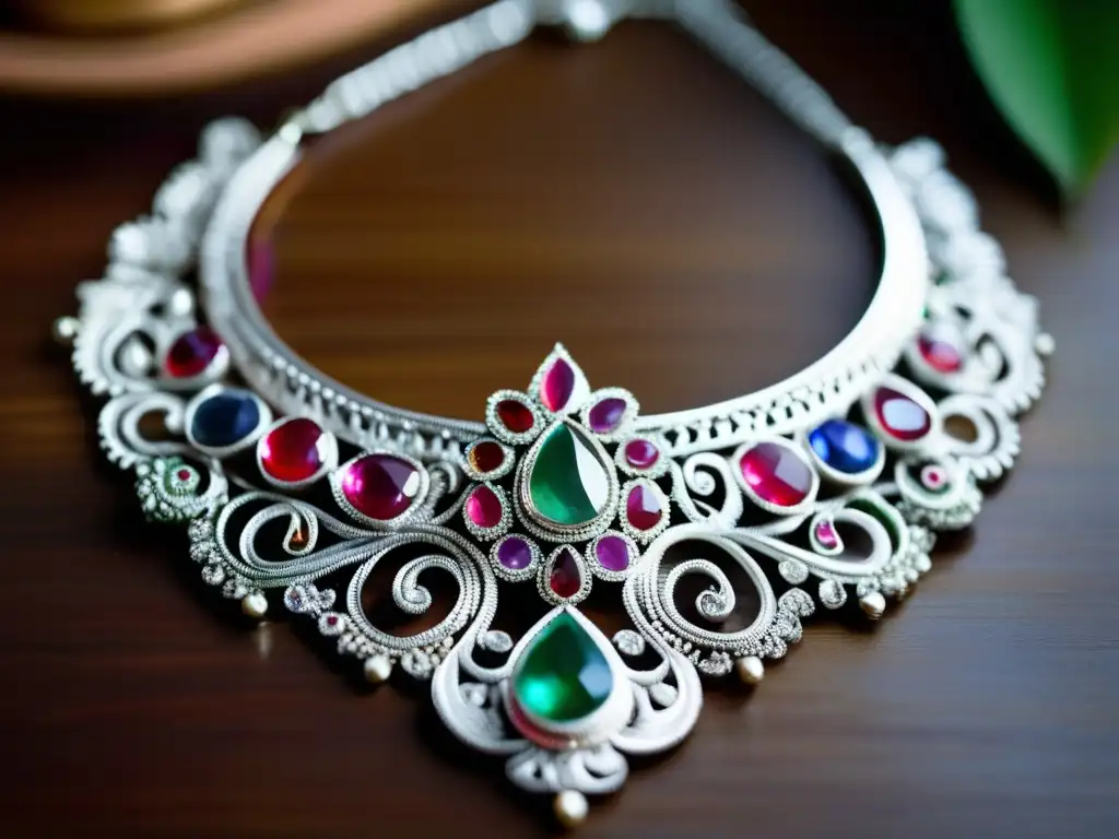 Historia joyería Tailandia: recorrido evolución - Collar de plata con gemas vibrantes, estilo joyería india y arquitectura tradicional tailandesa