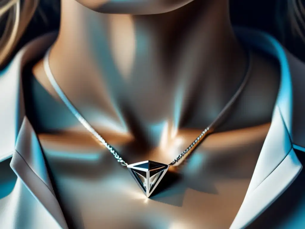 Importancia de joyas en sociedad: Composición minimalista de collar plateado con diamante, reflejando elegancia e innovación