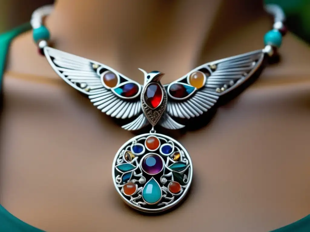 Joyería indígena: Impacto social y belleza de un collar de plata con colibrí y gemas vibrantes