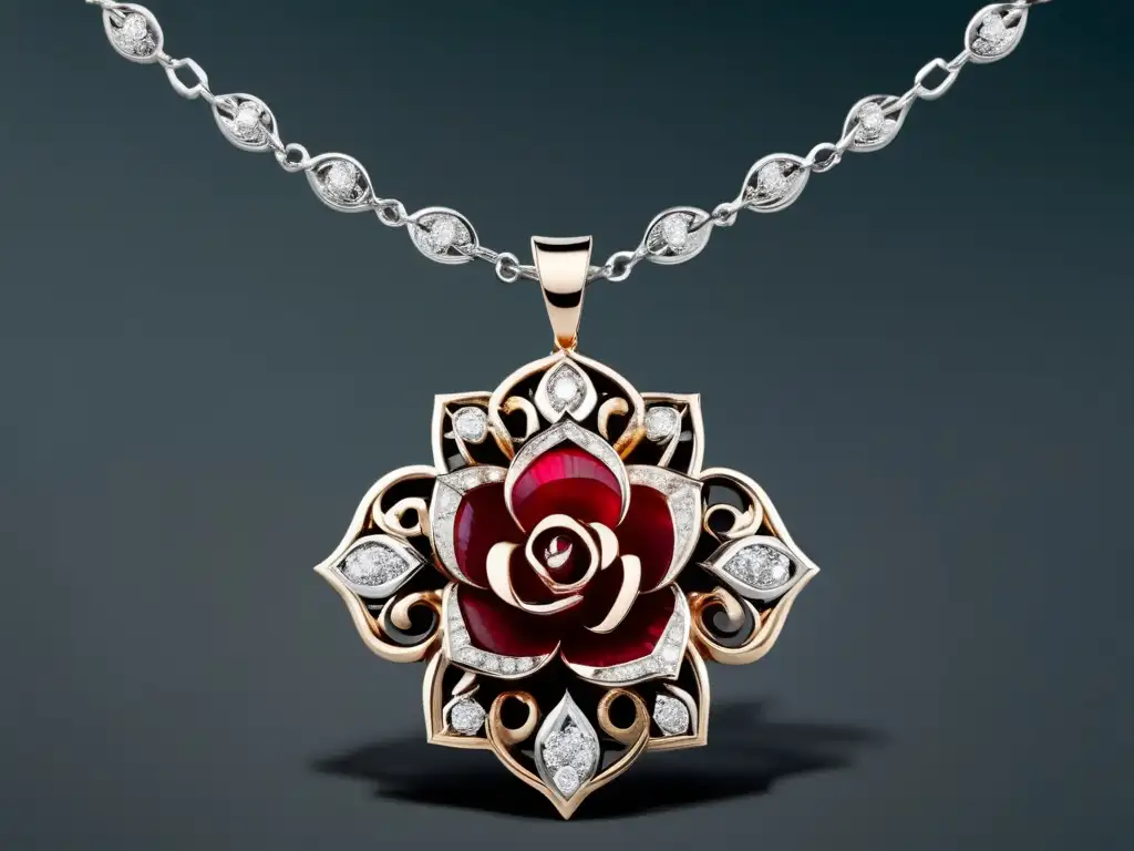 Joyas modernas: collar de plata con rosa de diamantes y rubí, simbolizando amor y pasión