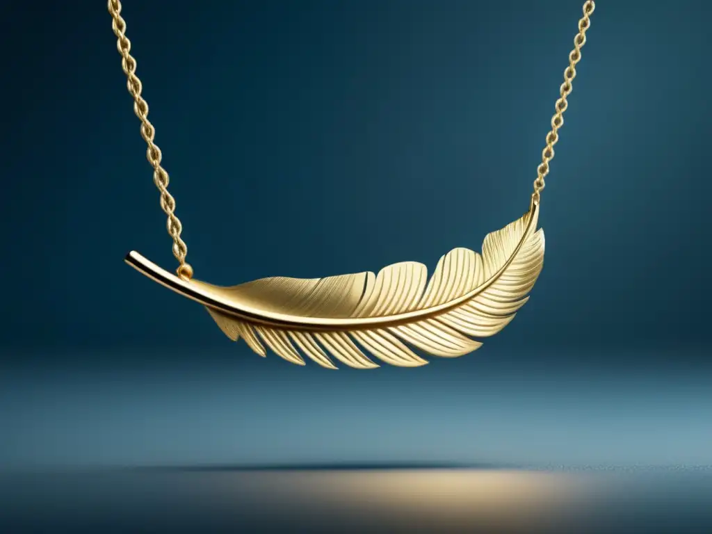 Influencia de elementos naturales en joyería: Collar de oro con colgante en forma de pluma suspendido en el aire, delicado y detallado