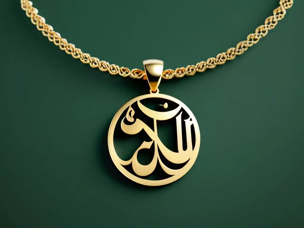 Influencia del Islam en la joyería oriental: Collar dorado inspirado en caligrafía árabe, con detalle de piedra preciosa