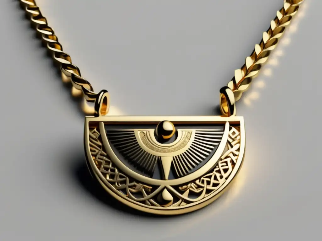 Joyería antiguo Egipto: oro y plata - Detalle imagen 8k muestra collar oro con patrón hieroglífico y colgante Ankh