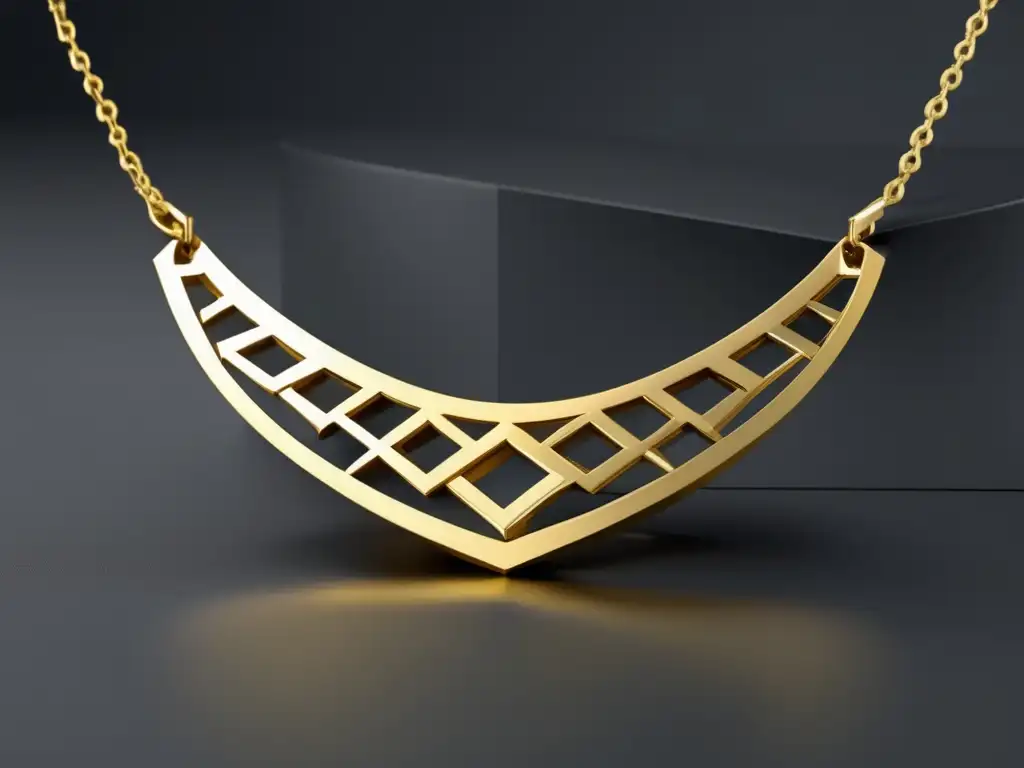 Innovaciones en aleaciones de metales joyería vanguardia: collar dorado minimalista con patrones geométricos sofisticados