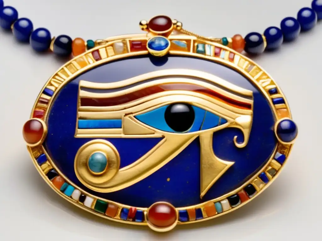 Joyería antigua: historia y simbolismo, collar de oro egipcio con el Ojo de Horus y gemas vibrantes