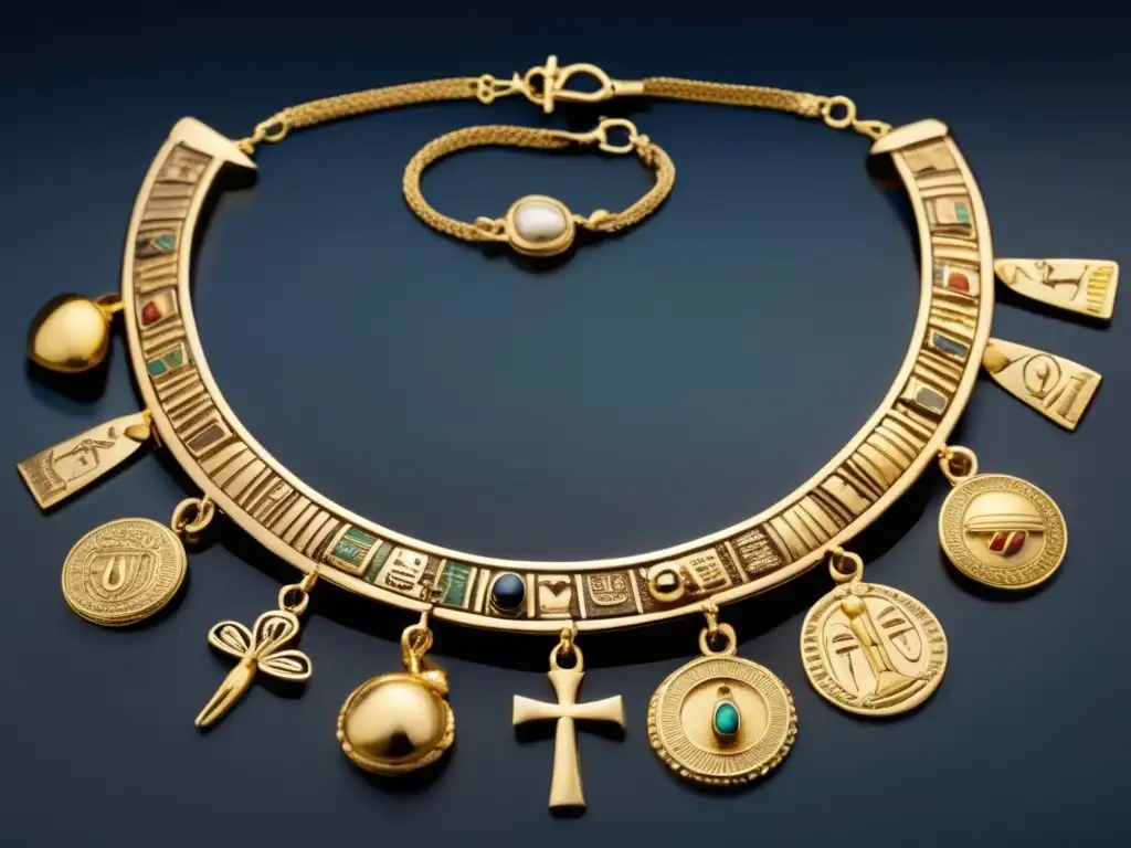 Collar antiguo egipcio con amuletos y símbolos, historia de la joyería con metales preciosos