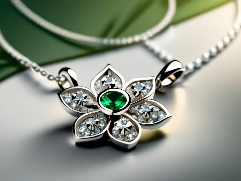 Tendencias joyería moda futuro: Collar plateado con colgante de flor y diamantes verdes