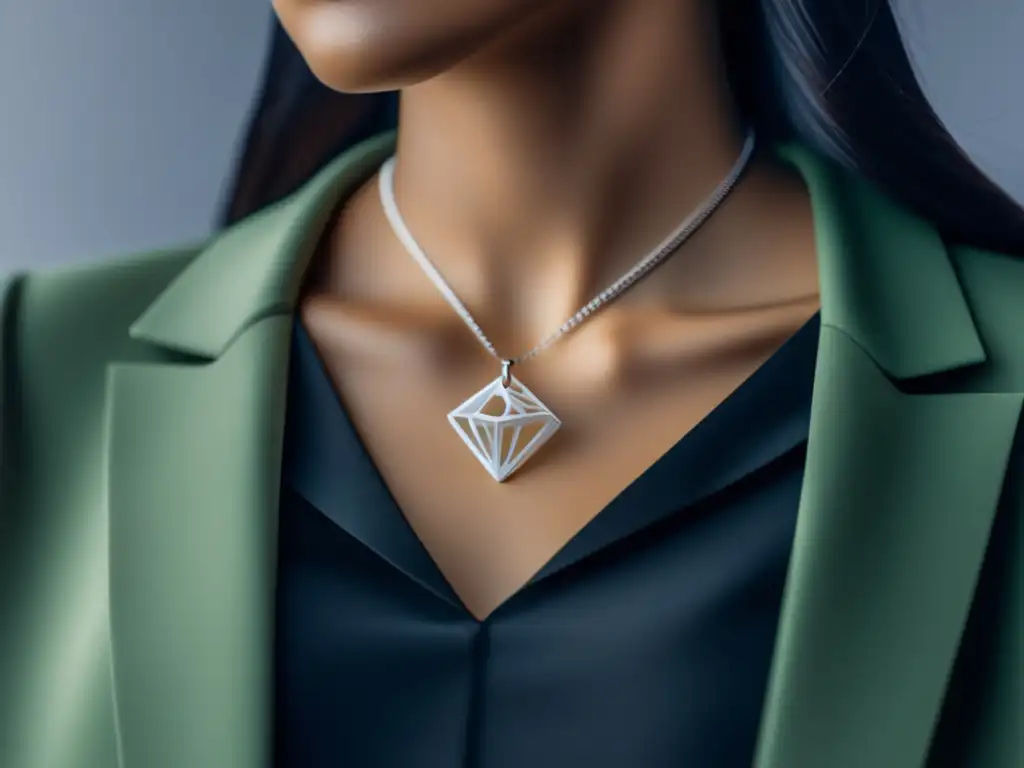 Impresión 3D en joyería personalizada: Detalle ultradetallado de un collar colgante moderno y geométrico, resaltando la precisión y la artesanía