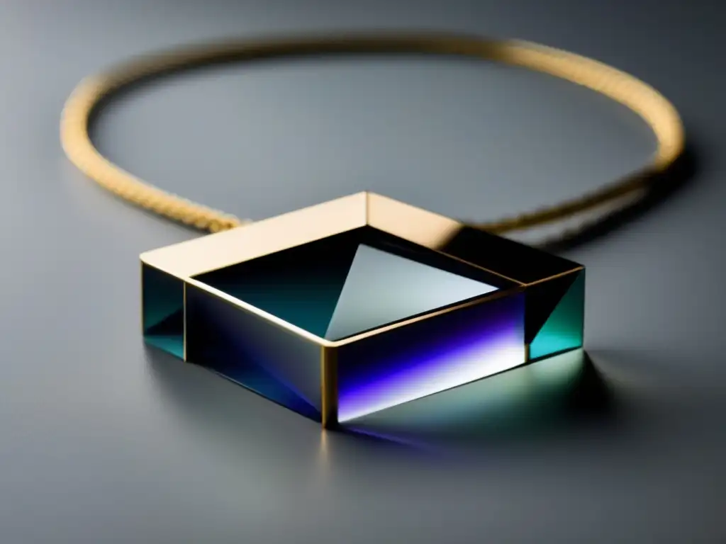 Un collar minimalista de joyería contemporánea que combina metal y acrílico translúcido, con un diseño geométrico y detalles intrincados